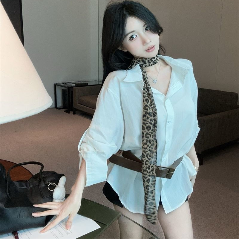 不规则豹纹领带衬衫女秋季中长款配腰带上衣设计感小众高级感衬衣