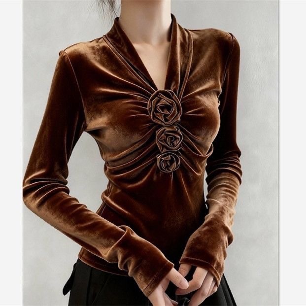 咖色丝绒衬衫女秋高端时髦洋气设计感独特漂亮超好看气质掐腰上衣