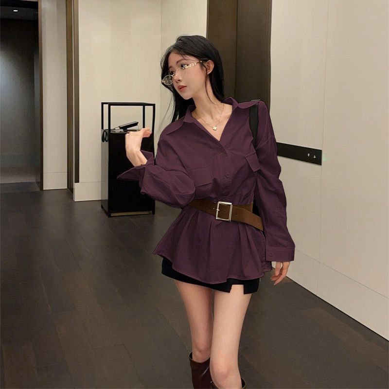 韩系紫色Polo领长袖衬衫女早秋季纯欲小个子气质修身显瘦收腰上衣