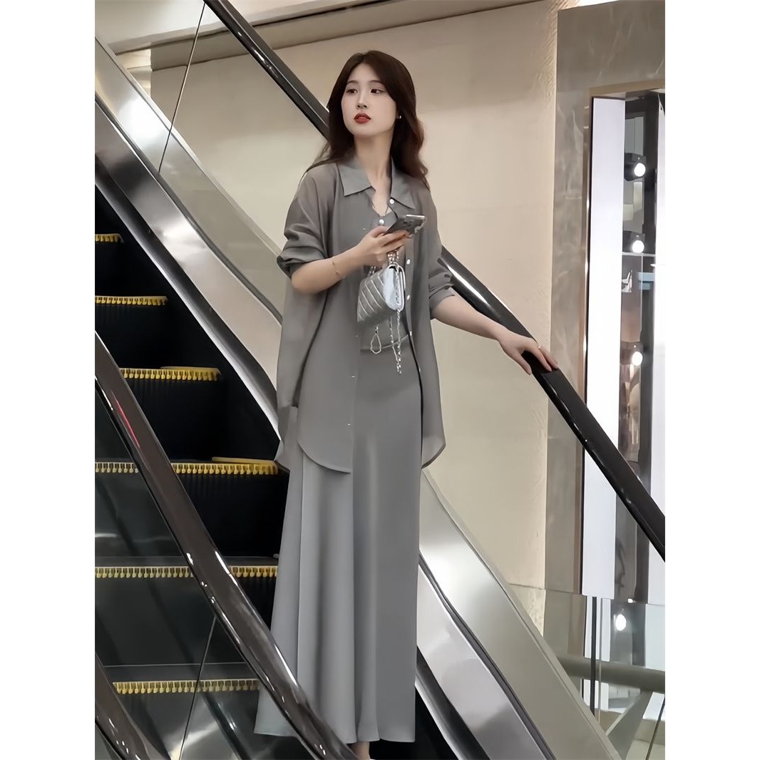 时尚高级感连衣裙女2025夏季新款设计感轻薄防晒衬衫吊带裙两件套
