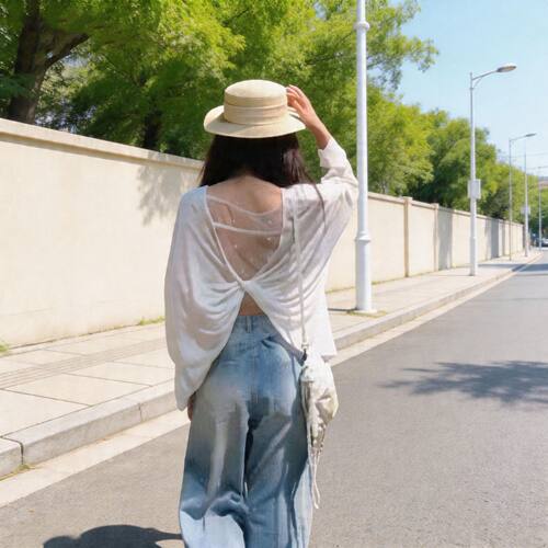 性感露背扭结假两件珍珠长袖t恤女夏季宽松薄款防晒空调罩衫上衣