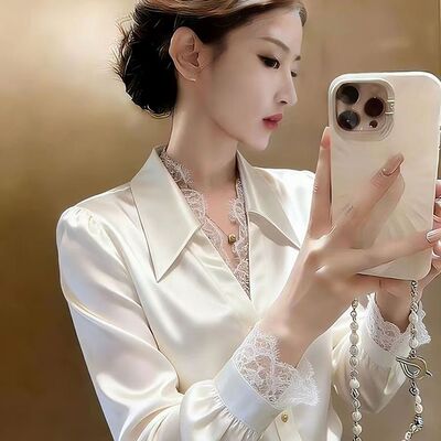 轻奢高级感蕾丝拼接假两件衬衫女2026春季长袖修身小众设计感上衣