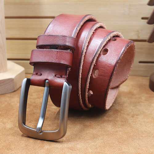 Men's Genuine Leather Belt Vintage Silver PinBuckle Handmade