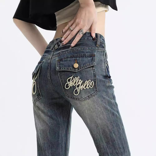 Embroidered Flare Jeans Women High Waist Denim Pants