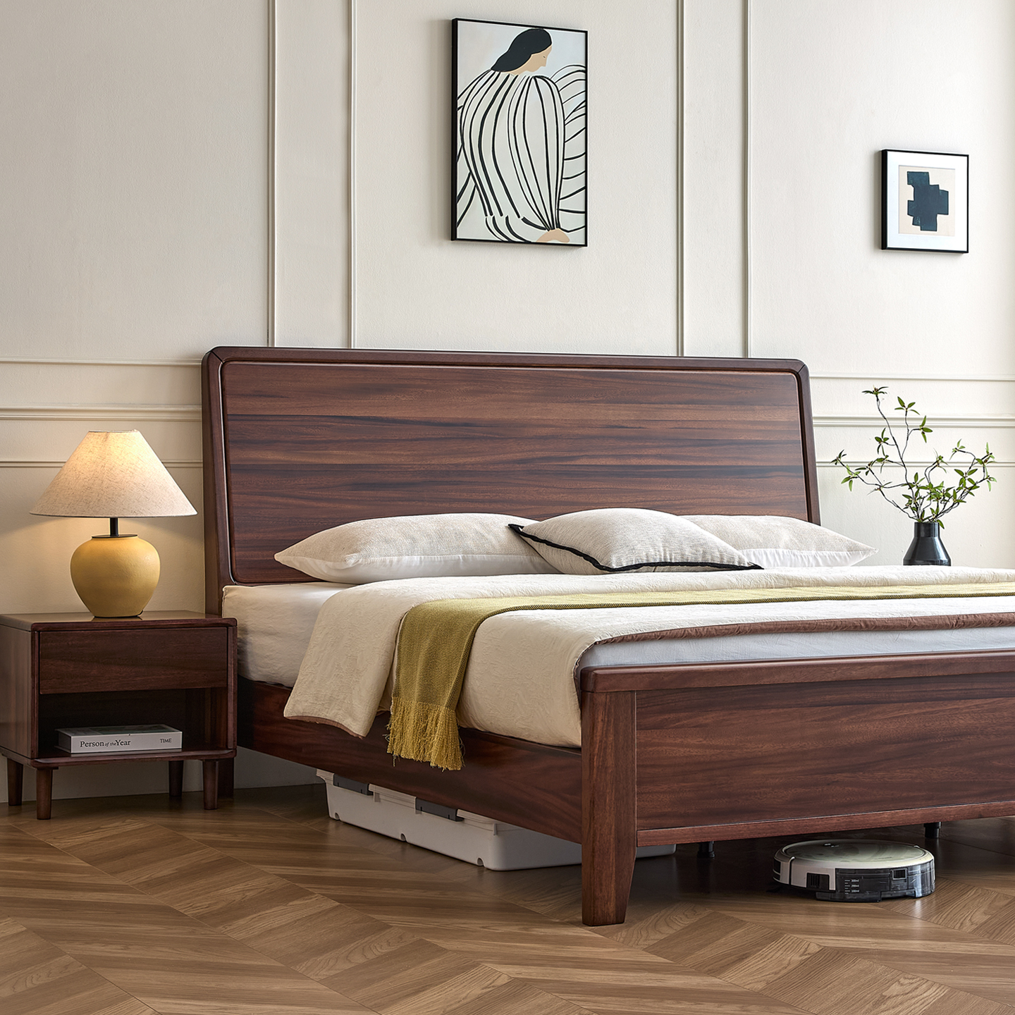 黑胡桃木全实木床满铺床板