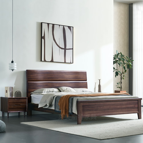 超厚重质感丰满黑胡桃木实木床