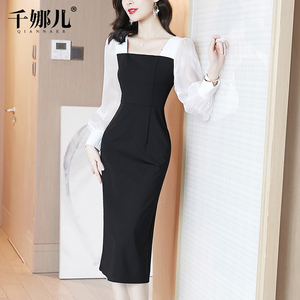 千娜儿高端连衣裙春装2026新款女黑色拼接长袖显瘦气质包臀长裙子