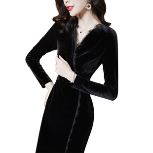 高级感黑色丝绒连衣裙2025新款 V领蕾丝装饰长袖晚宴派对礼服裙子