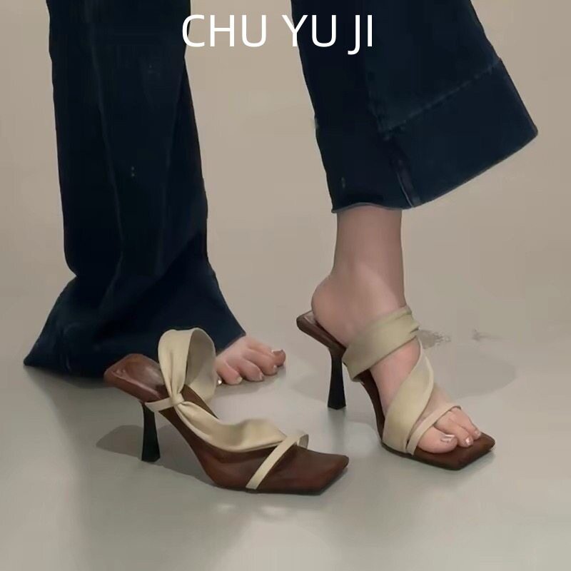 蝴蝶结高跟鞋凉鞋女夏季2026新款法式绝美露趾一字带凉拖鞋女外穿