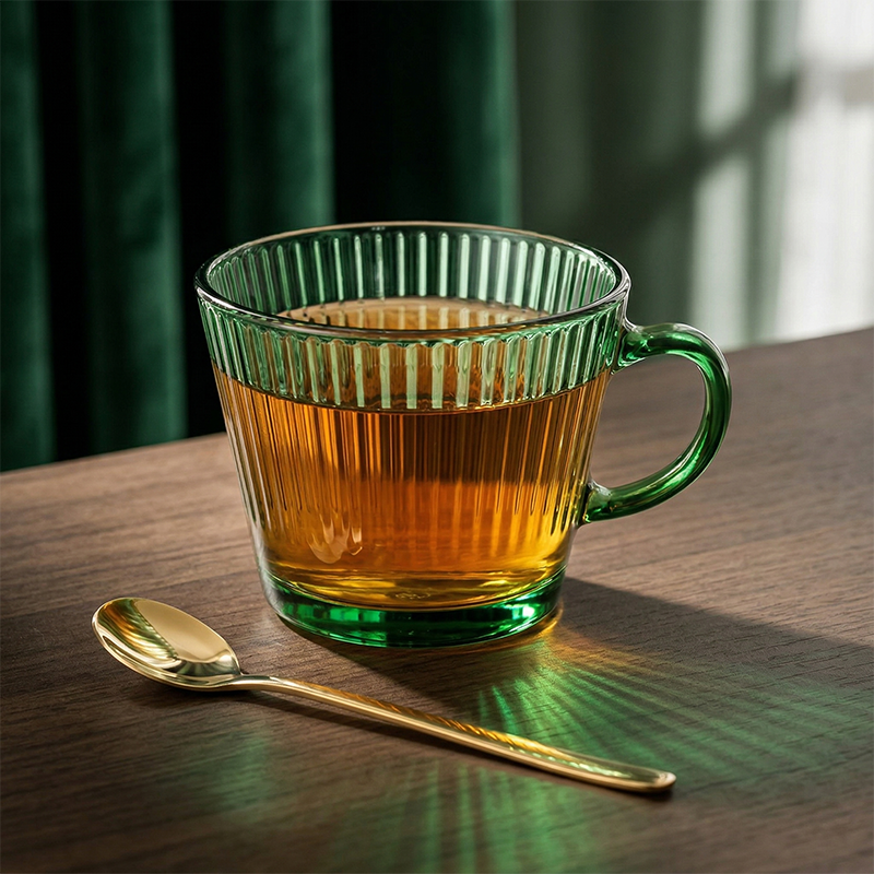 绿色玻璃杯水杯茶杯早餐咖啡杯子条纹茶色精致高颜值耐高温带把手