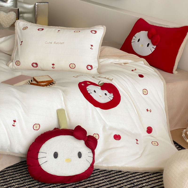 可爱风秋冬牛奶绒四件套卡通刺绣花边被套防静电1.5m床上用品
