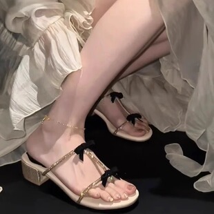 {1闪1闪亮晶晶}绝美气质粗跟水钻蝴蝶结外穿露趾高跟凉拖鞋