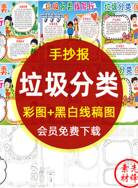 小学生垃圾分类手抄报模板 绿色环保电子小报A34黑白线稿WORD素材