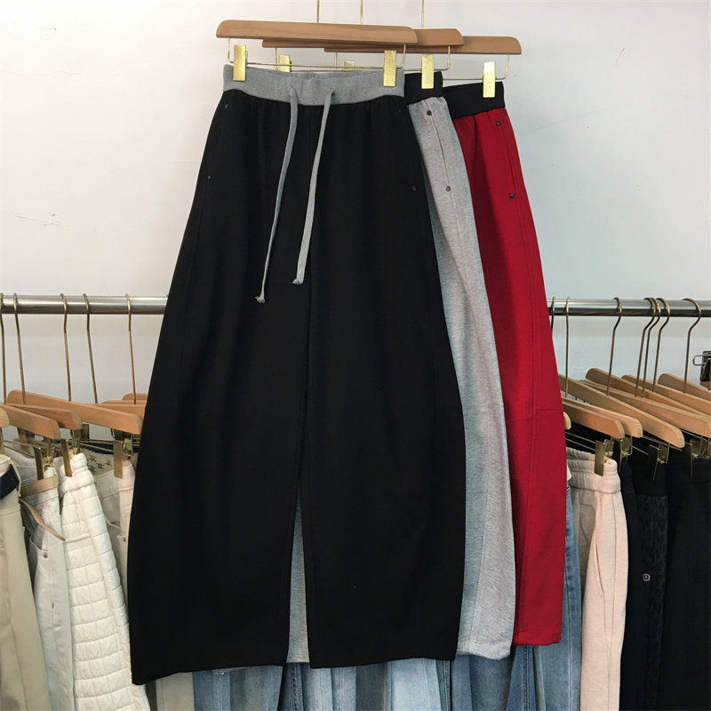 2026春季美式休闲运动裤女拼色松紧腰宽松阔腿裤时尚百搭束脚卫裤