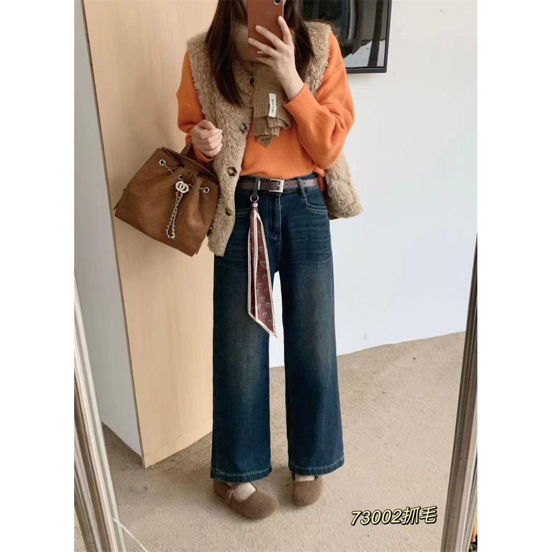 2025秋冬抓绒牛仔九分直筒裤显瘦