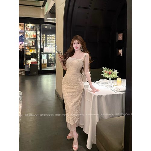 肉肉怡【月中仙子】清冷感蕾丝吊带连衣裙短款开衫套装0530B7418M
