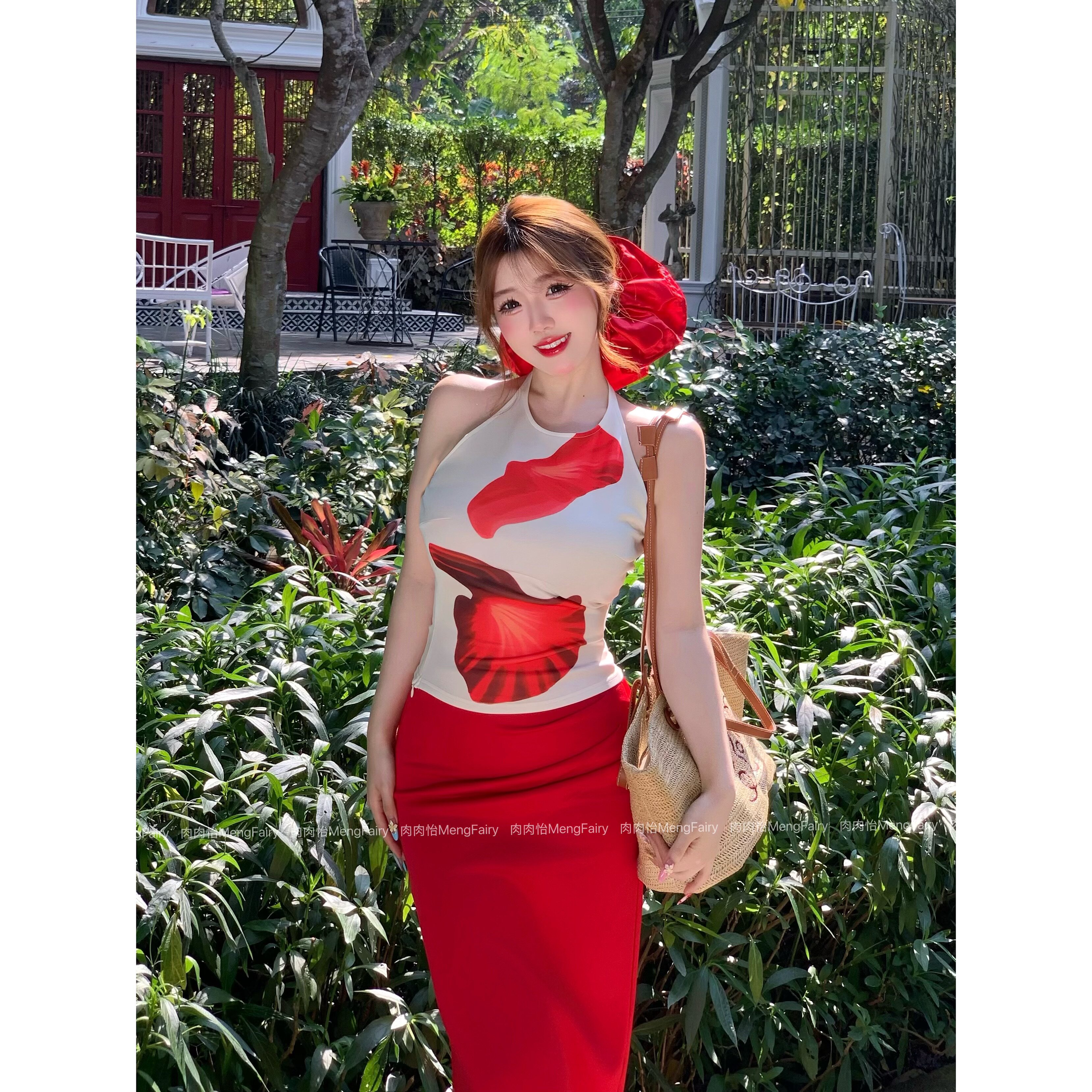 肉肉怡【红莓果酱】露思同款明媚度假风上衣半身裙套装