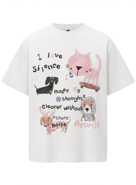 ARAR01 原创“彩色猫狗涂鸦”索罗娜凉感短袖T恤男女宽松情侣衣夏
