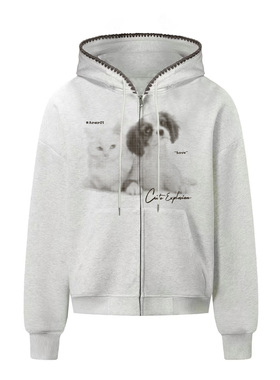 ARAR01原创“波点猫狗”编织拉链卫衣印花重磅国潮秋连帽男女宽松