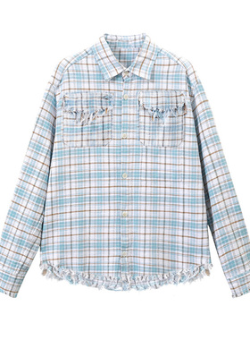 ARAR01复古蓝色格子毛边流苏纯棉Clean fit格纹长袖衬衫休闲上衣