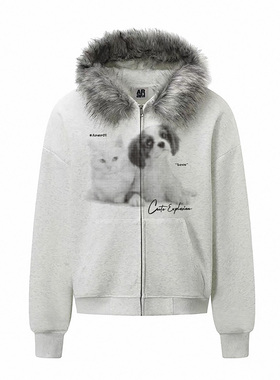 ARAR01原创“波点猫狗”毛领拉链卫衣印花重磅国潮秋连帽男女宽松