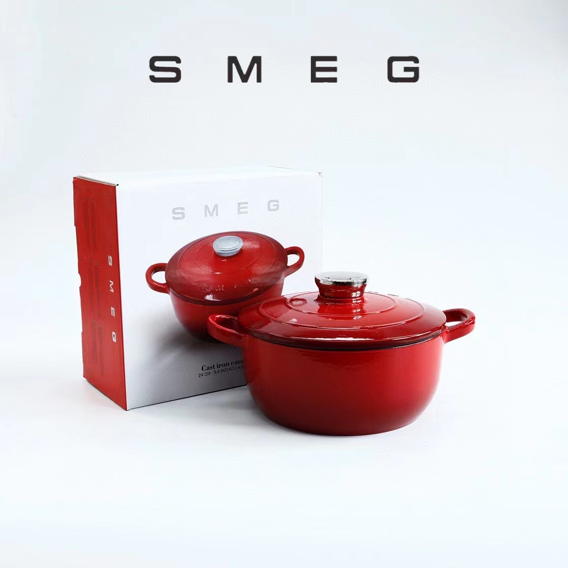 正品SMEG斯麦格24CM双耳珐琅铸铁锅4.2L海鲜煲炖汤锅通用意式炖锅
