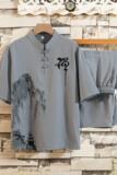 夏季风冰丝套装男休闲短袖t恤男装古风衣服唐装汉服H1689P45，男装休闲套装，星座1010A-2