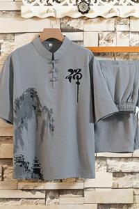 夏季风冰丝套装男休闲短袖t恤男装古风衣服唐装汉服H1689P45图片