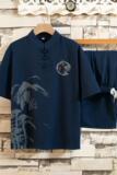 夏季短袖男唐装套装中裤风汉服套装足浴男技师服装H1687P45，男装民族服装，星座1010A-2