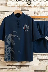 夏季短袖男唐装套装中裤风汉服套装足浴男技师服装H1687P45图片