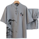 夏季短袖男唐装套装中裤风汉服套装足浴男技师工作服H1687P45，男装民族服装，星座1010A-2