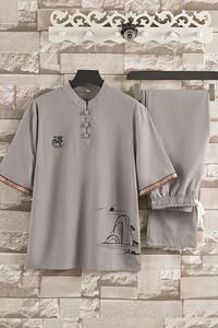 棉麻套装男风短袖t恤V领唐装宽松汉服男亚麻半袖棉麻T201P85图片