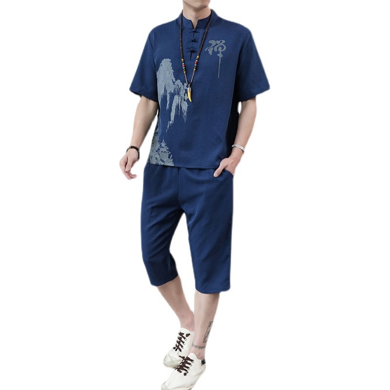 夏季新款男士唐装t恤禅服冰丝套装中裤风短袖衣服男H1689P45,男装休闲套装,星座1010A-2
