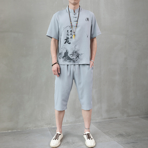 夏季冰丝短袖t恤男中裤风套装唐装龙印花足浴工作服HP45图片