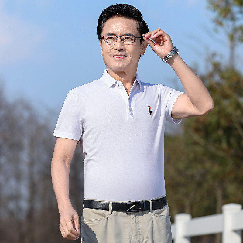 中年爸爸夏装刺绣休闲polo衫中老年男士薄款棉短袖t恤P60