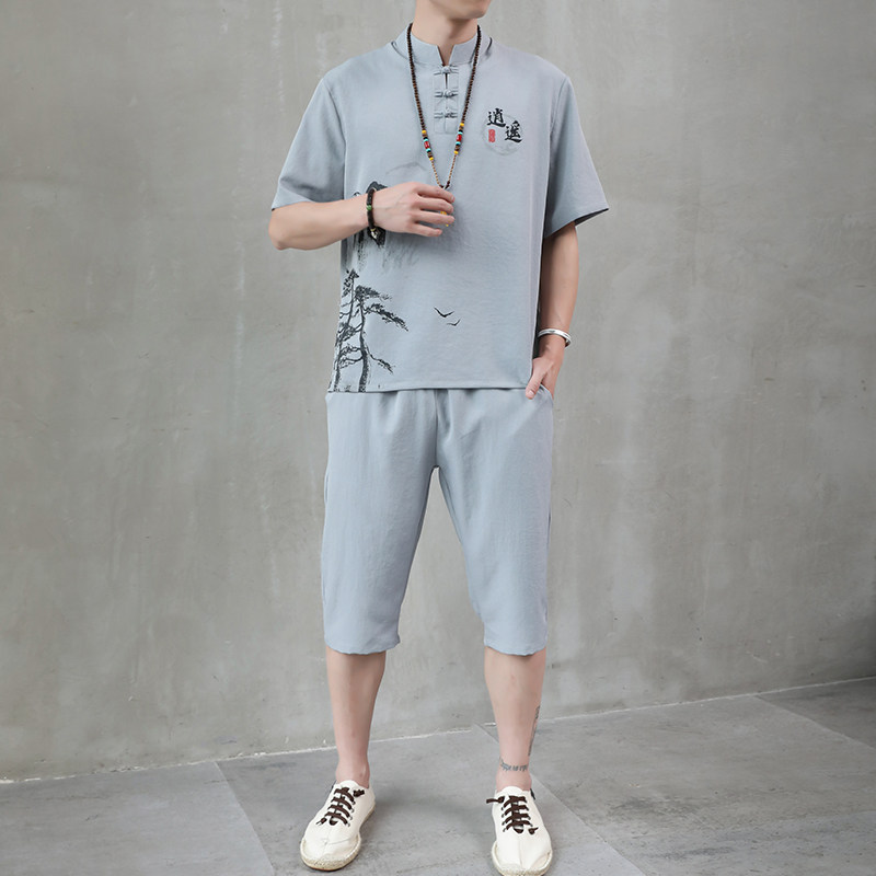 H1687P45夏季冰丝短袖男唐装套装男风汉服两件套中裤工作服,男装民族服装,星座1010A-2