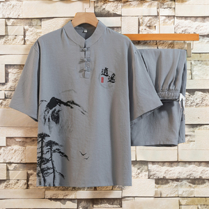 H1687P45夏季冰丝短袖t恤夏装新款休闲风印花套装唐装汉服男图片
