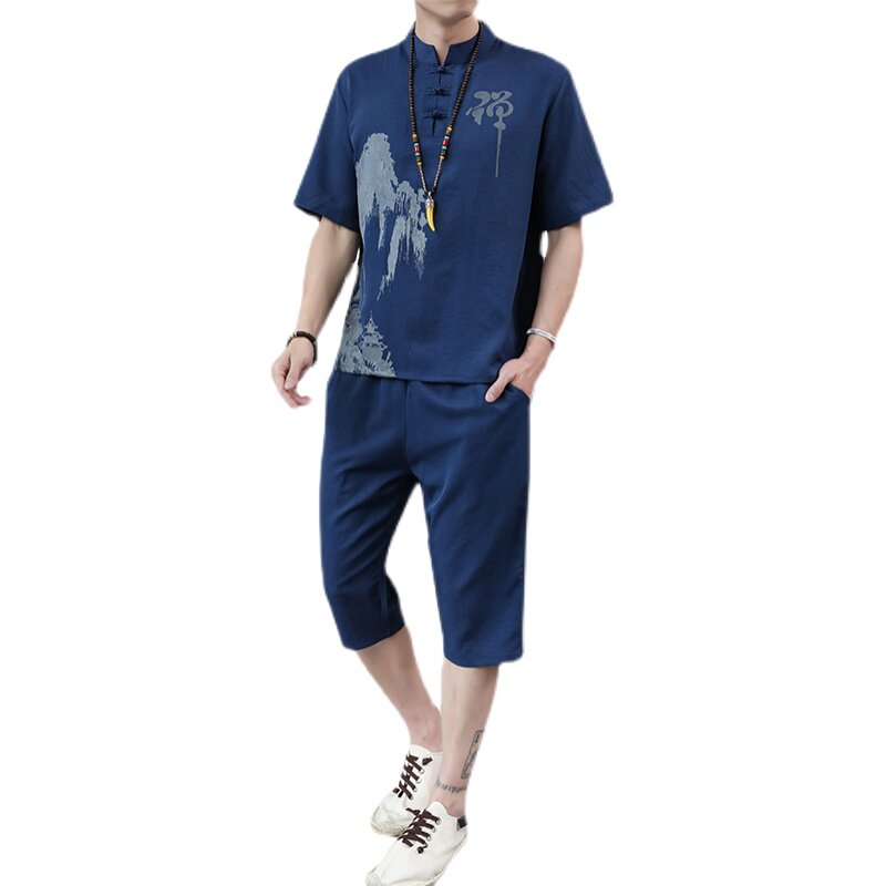 夏季新款男士唐装t恤汉服冰丝套装中裤风短袖衣服男H1689P45,男装休闲套装,星座1010A-2