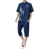 夏季新款男士唐装t恤汉服冰丝套装中裤风短袖衣服男H1689P45，男装休闲套装，星座1010A-2