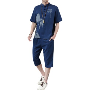 夏季新款男士唐装t恤汉服冰丝套装中裤风短袖衣服男H1689P45图片