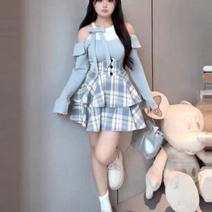 格子套装 2025胖mm秋冬针织露肩上衣搭格纹鱼骨超高腰半身裙两件套