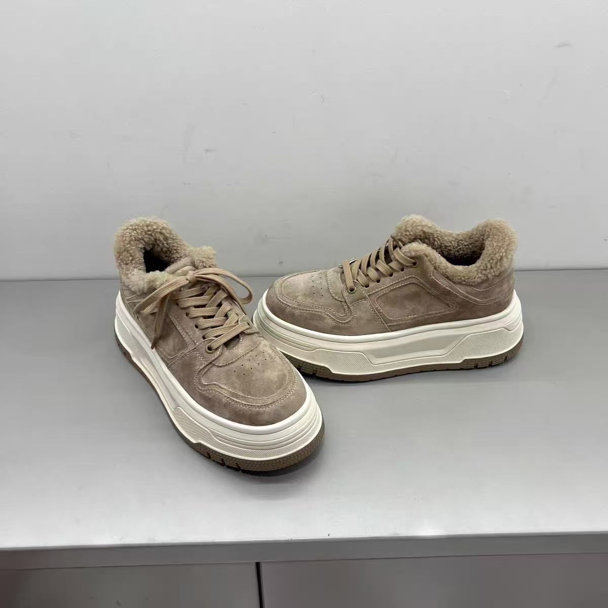 韩版加绒保暖雪地靴冬季厚底系带毛毛板鞋防寒棉鞋松糕毛毛鞋松糕