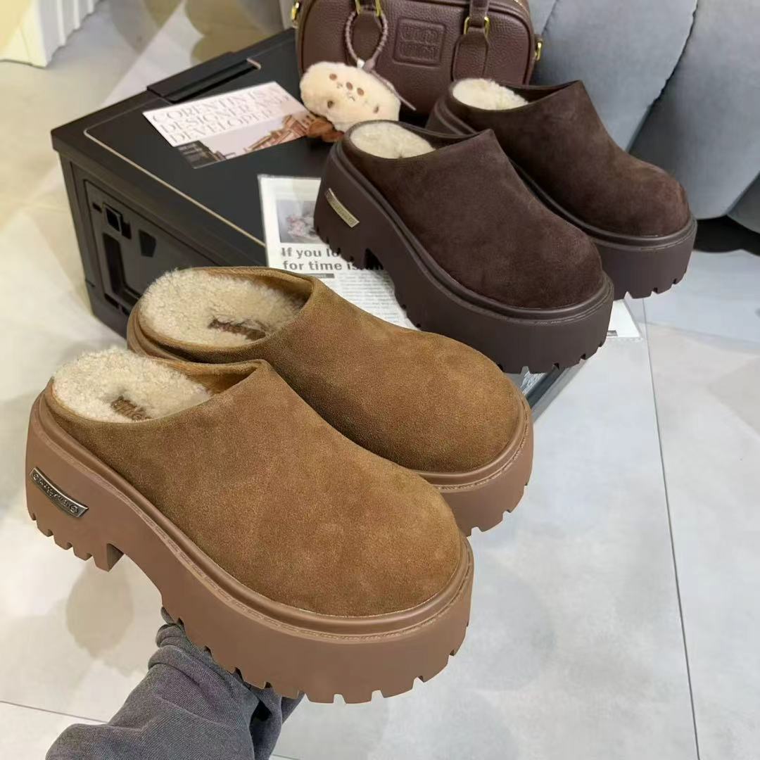 冬厚底勃肯鞋女毛毛保暖懒人一脚蹬包头半拖鞋松糕底高跟时尚羊毛