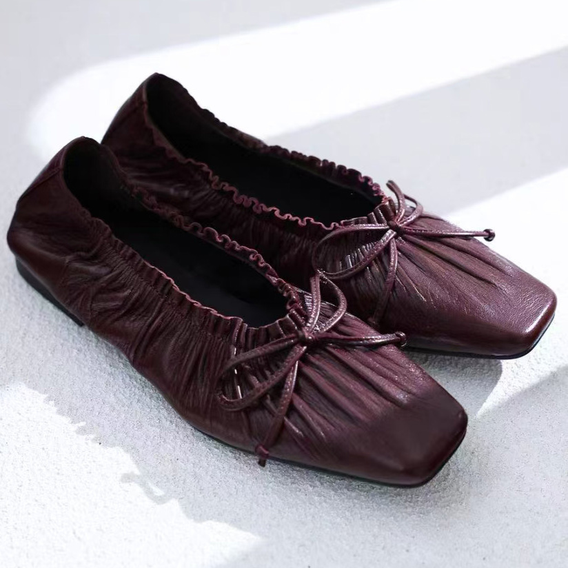 2025新款方头浅口蝴蝶结平底单鞋女平跟鞋真皮时尚百搭软底跳舞鞋