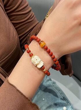 天然南红玛瑙满色满肉川料柿子红圆珠手链搭配猛犸象牙度母手串女