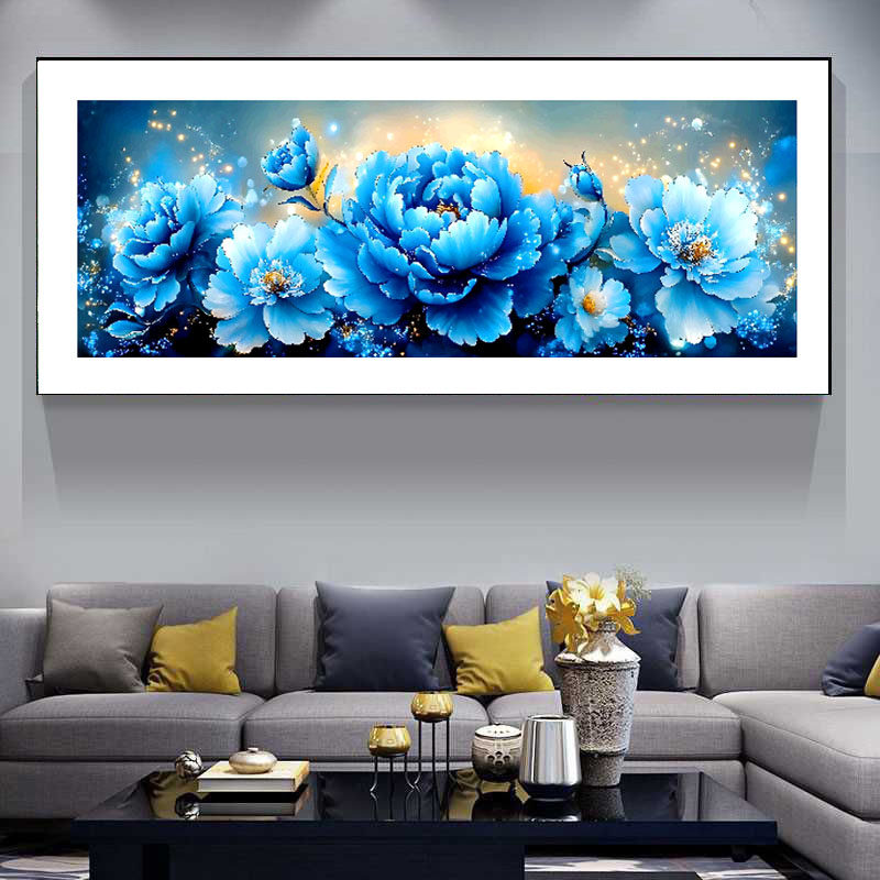 原创版权花开富贵蓝色牡丹十字绣客厅装饰画中国风自己手工绣满绣