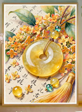 原创版权金桂花平安扣黄金玉石十字绣新中式客厅玄关手工吉祥挂画