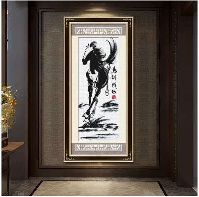 马到成功水墨版十字绣客厅卧室竖版简单小画线绣十字秀丝线刺绣图