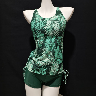 泳衣分体式 褶皱露背泳装 平角裤 上衣带胸垫修身 海边 防走光无袖 小码