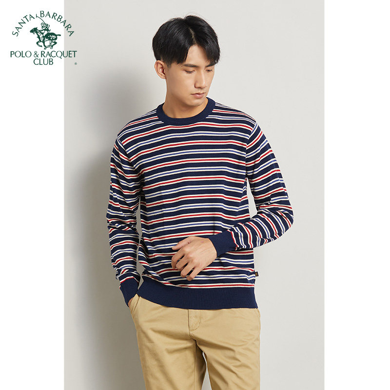 POLO/圣大保罗专柜正品男士毛衣圆领彩色条纹纯羊毛秋季休闲上衣